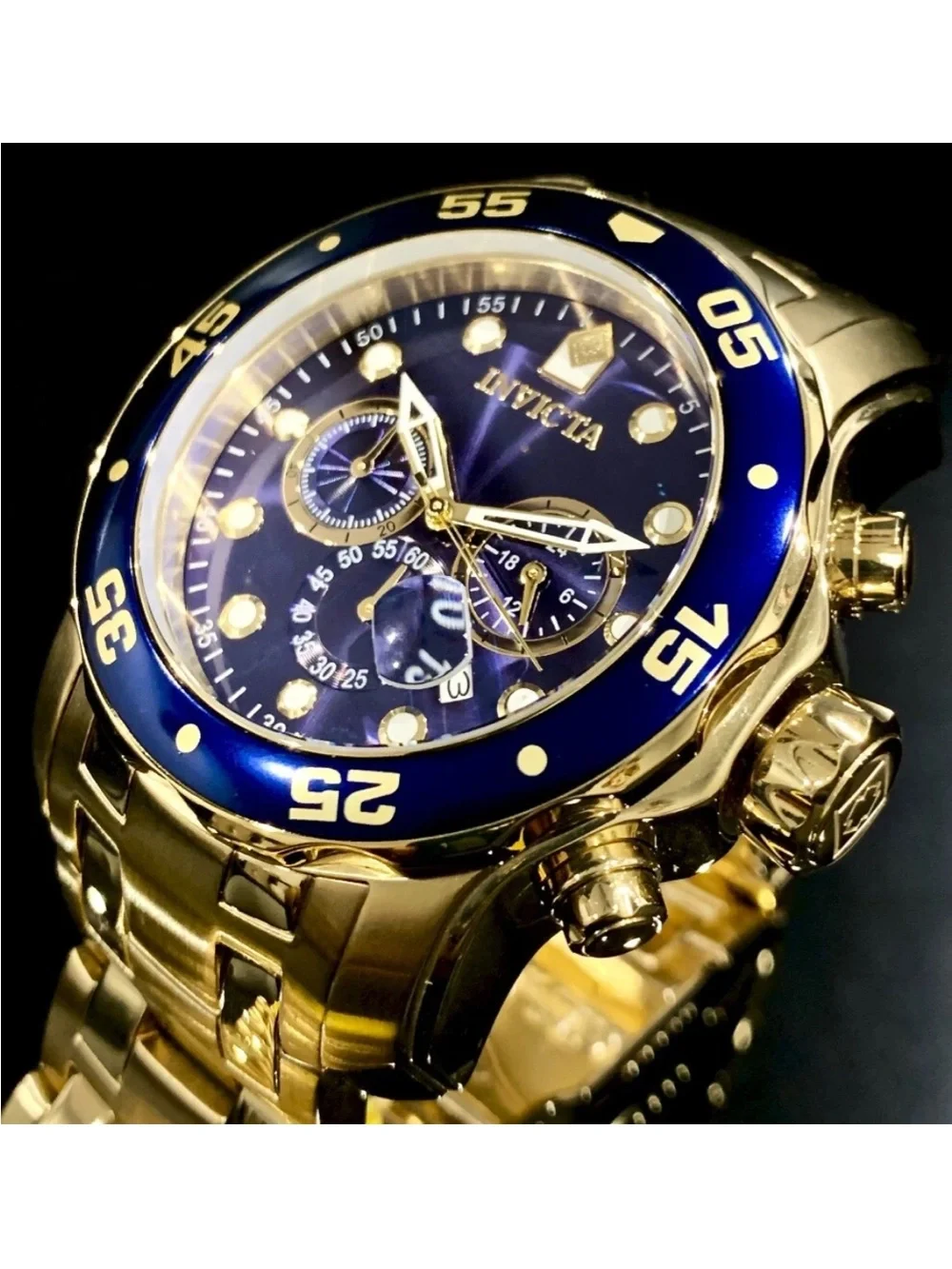 Invicta Men’s PRO DIVER SCUBA Chronograph Blue Dial 18kt Gold Plated Watch. 0073 - Picture 1 of 12